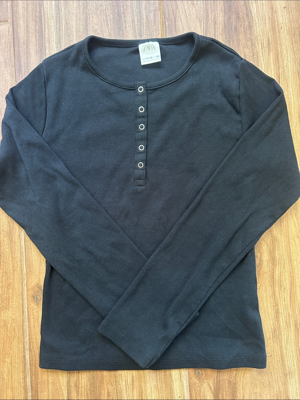 Zara Kids Black Ribbed Henley Long Sleeve Top 11-12 152